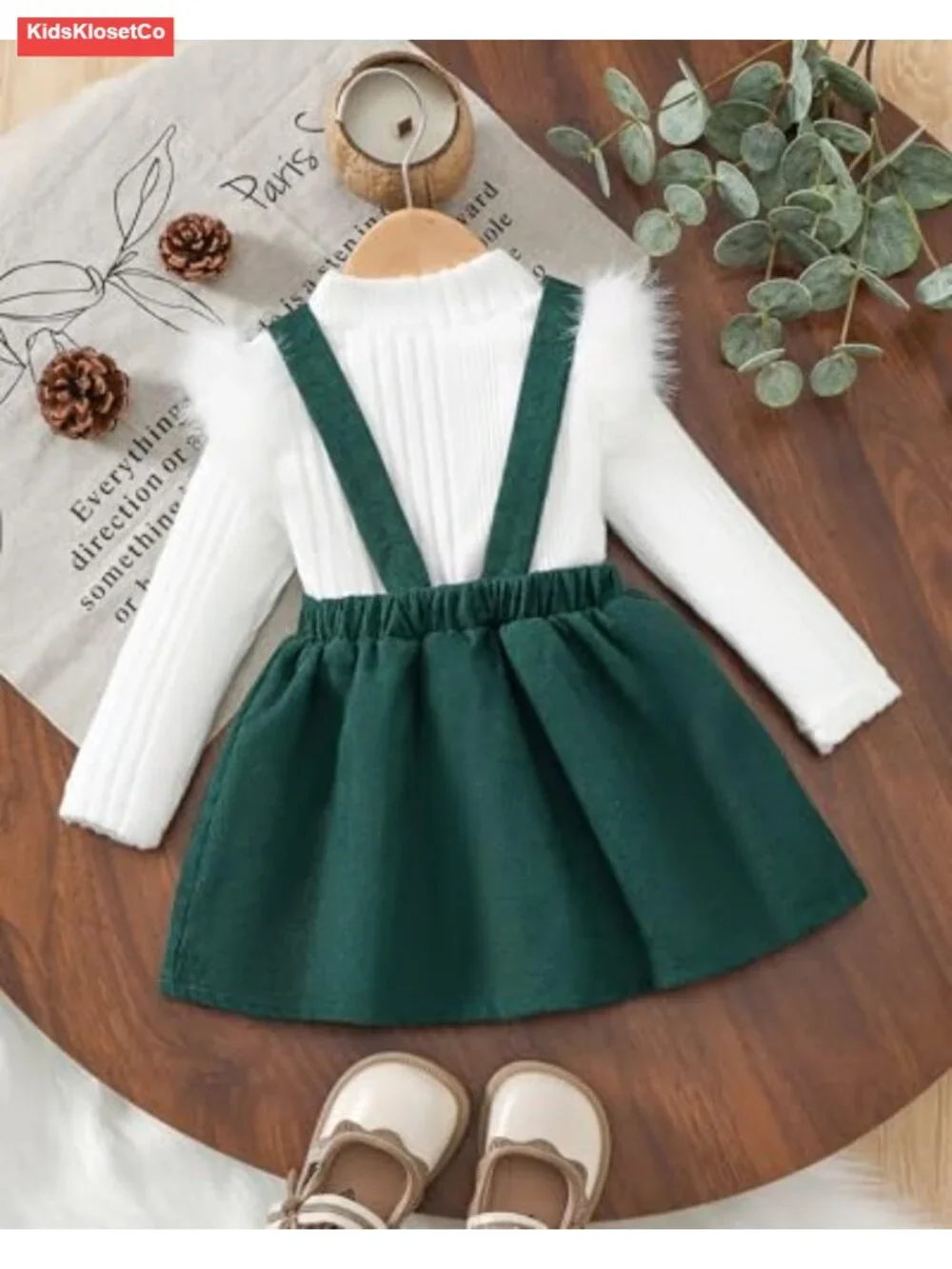 Toddler Girl Long Sleeve Ribbed T-Shirt Bow Suspender Overall Dress Skirt Set